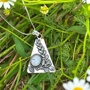 Cottagecore Forest Fern Handmade Rainbow Moonstone 925 Sterling Silver Necklace